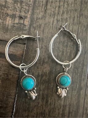 Hand Crafted Silver Hoop Earrings with Turquoise Stone Dangles - .925 Silver
